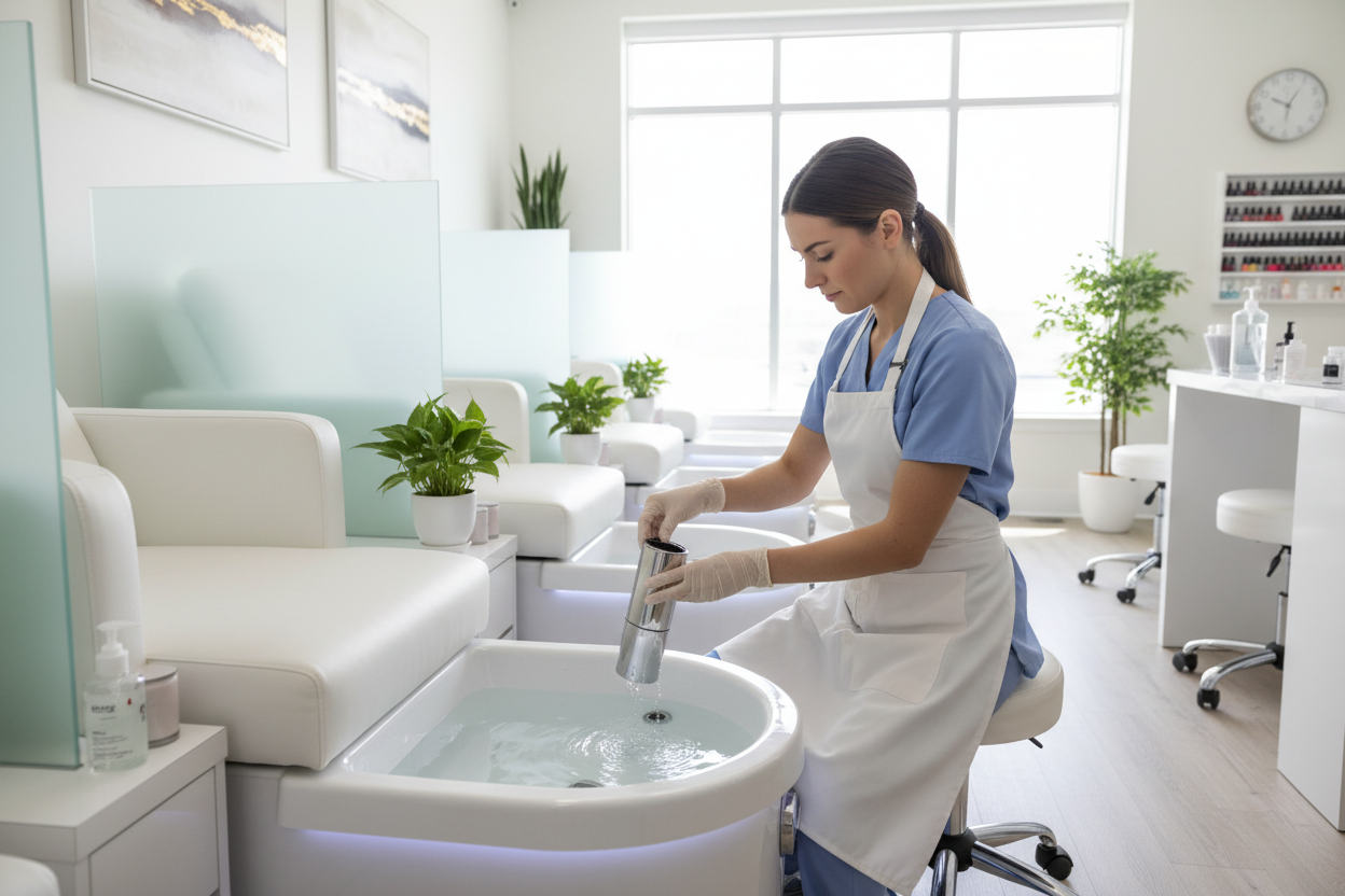 Nail technician removing ECOJET wet end from pedicure chair basin for sanitation in a modern nail salon