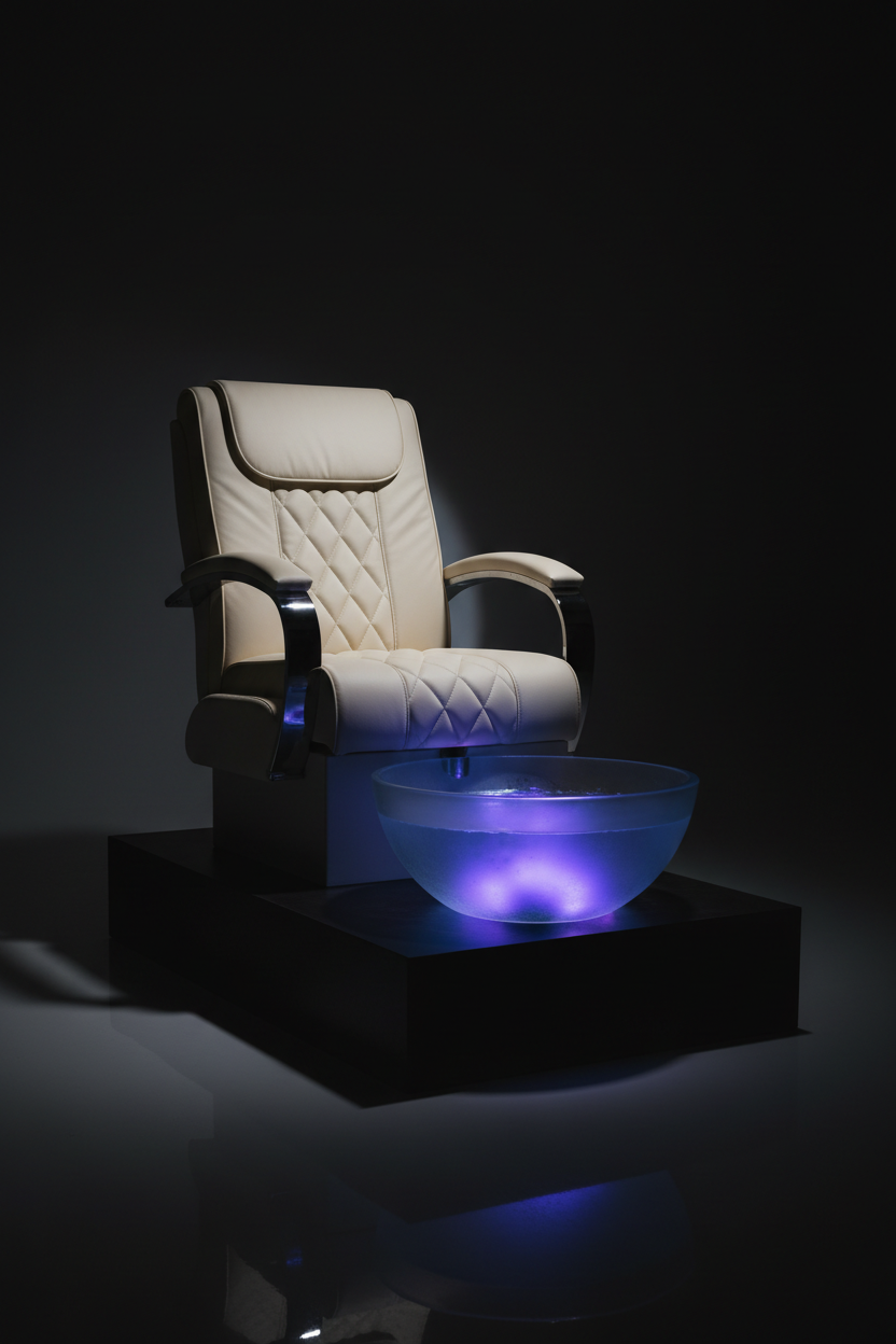 LUMINOUS pedicure chair with AURORA LED bowl glowing in blue-purple spectrum against dark background