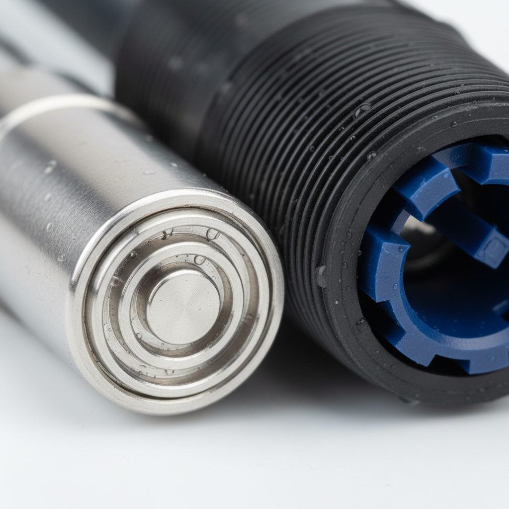 Close-up of AUTO-FILL sensor probe tip and waterproof connector seal showing detection element geometry