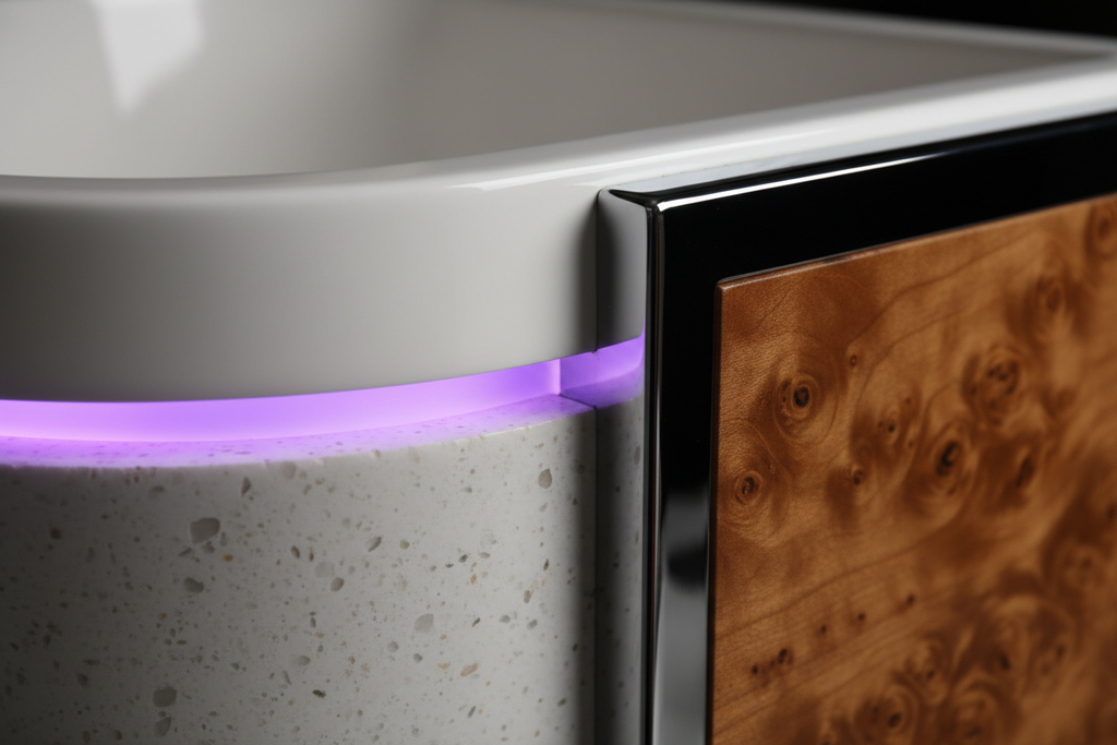 Close-up of LIBERTÉ AURORA LED bowl edge and burlwood accent panel showing LED strip housing, gel-coated marble base texture, and chrome trim junction