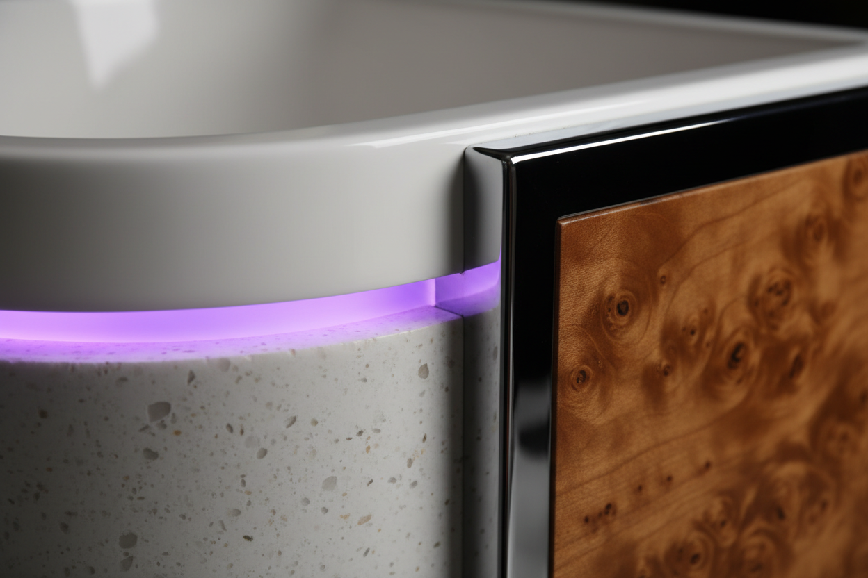 Close-up of LIBERTÉ AURORA LED bowl edge and burlwood accent panel showing LED strip housing, gel-coated marble base texture, and chrome trim junction
