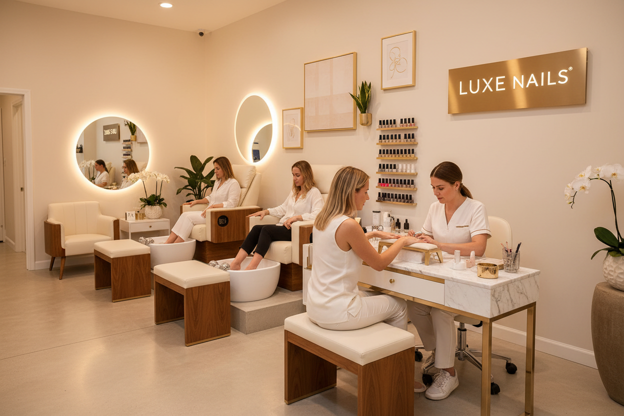 Fully staged luxury nail salon with client at PRIVÉ manicure table and second client in PRIVÉ Lounge pedicure chair, warm boutique lighting