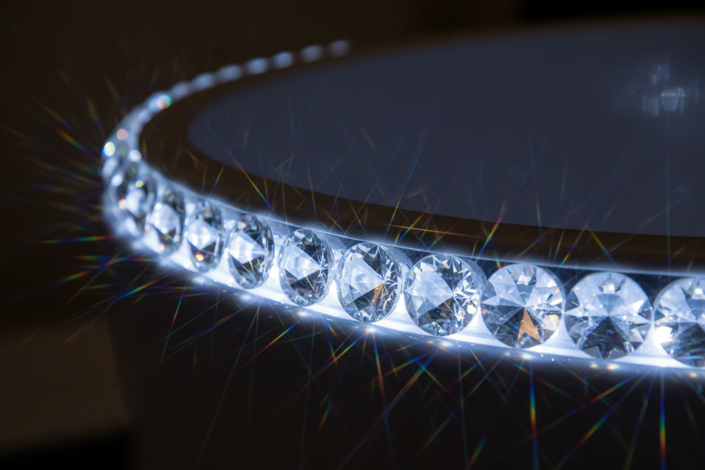 Close-up of MYSTIQUE crystal bowl embellishments and AURORA LED illumination edge showing faceted crystal surface and light refraction