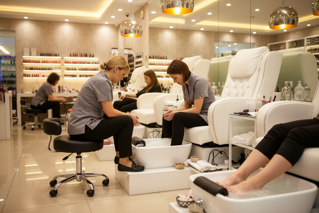Two nail technicians on PRIVÉ pedicure stools working simultaneously at adjacent pedicure spa chairs in a busy nail salon