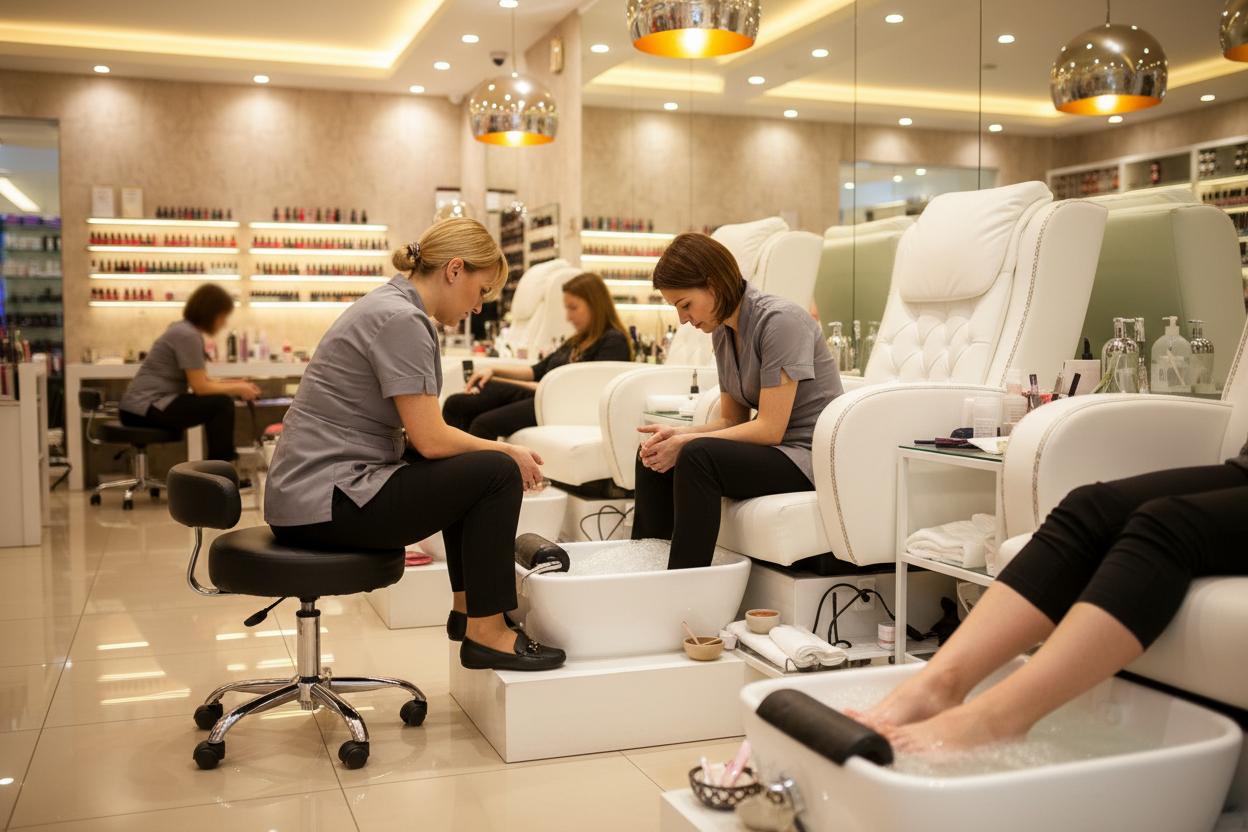 Two nail technicians on PRIVÉ pedicure stools working simultaneously at adjacent pedicure spa chairs in a busy nail salon
