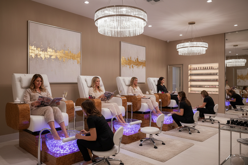 Luxury nail salon with all four LIBERTÉ stations active, clients relaxing, AURORA bowls glowing purple, burlwood and chrome accents visible