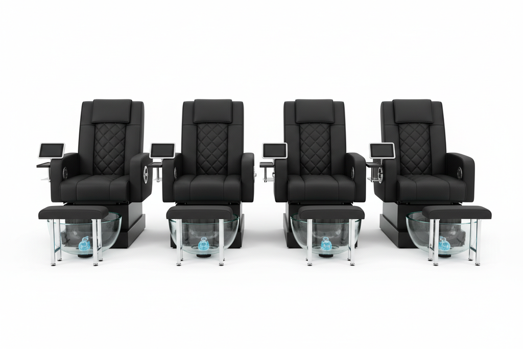 Four ELITE pedicure chairs arranged in a uniform row on white background with matching upholstery, all front-facing