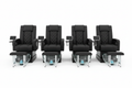 Four ELITE pedicure chairs arranged in a uniform row on white background with matching upholstery, all front-facing
