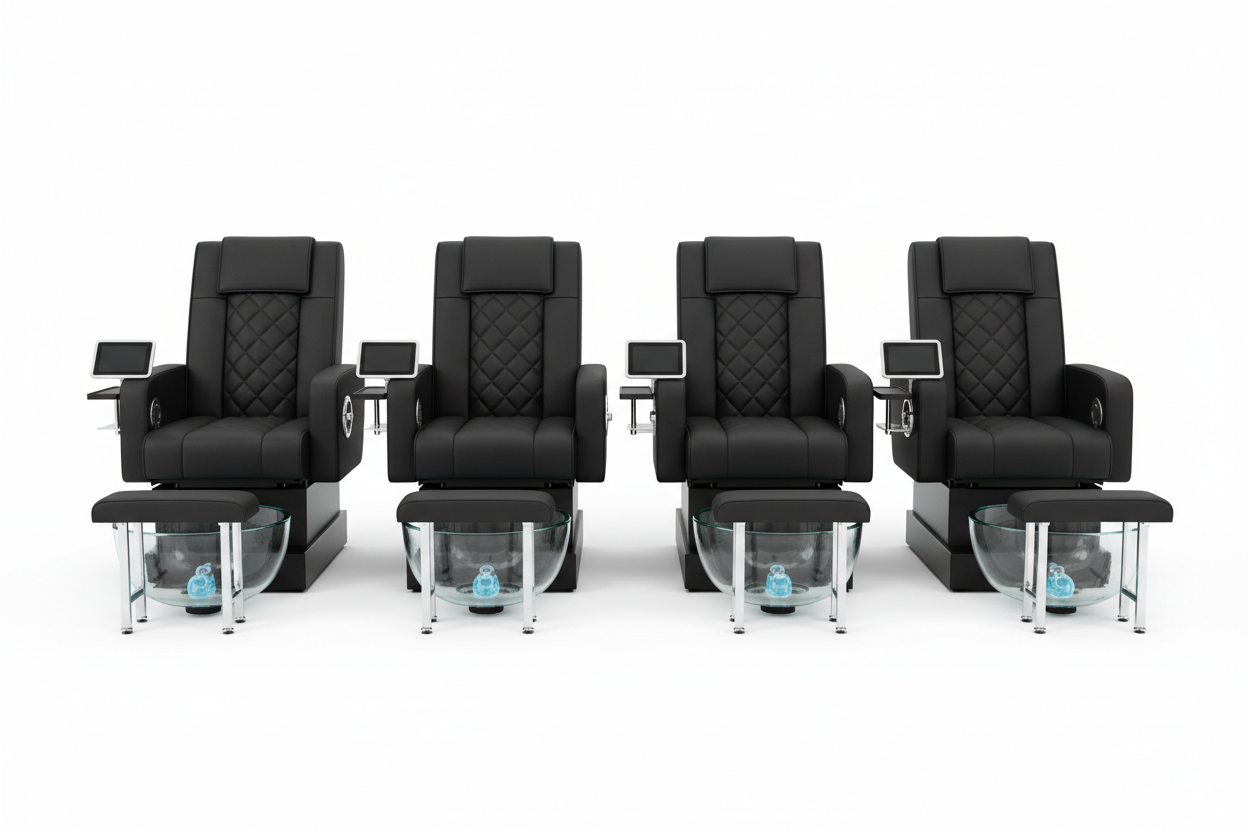 Four ELITE pedicure chairs arranged in a uniform row on white background with matching upholstery, all front-facing