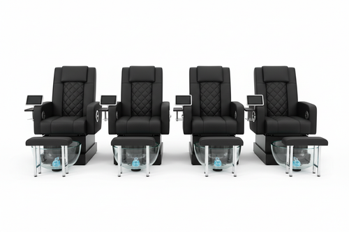Four ELITE pedicure chairs arranged in a uniform row on white background with matching upholstery, all front-facing