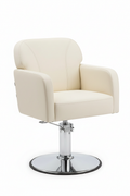 PRIVÉ Customer Chair in ivory colorway three-quarter front angle showing padded armrests, chrome base, and lumbar curve on white background