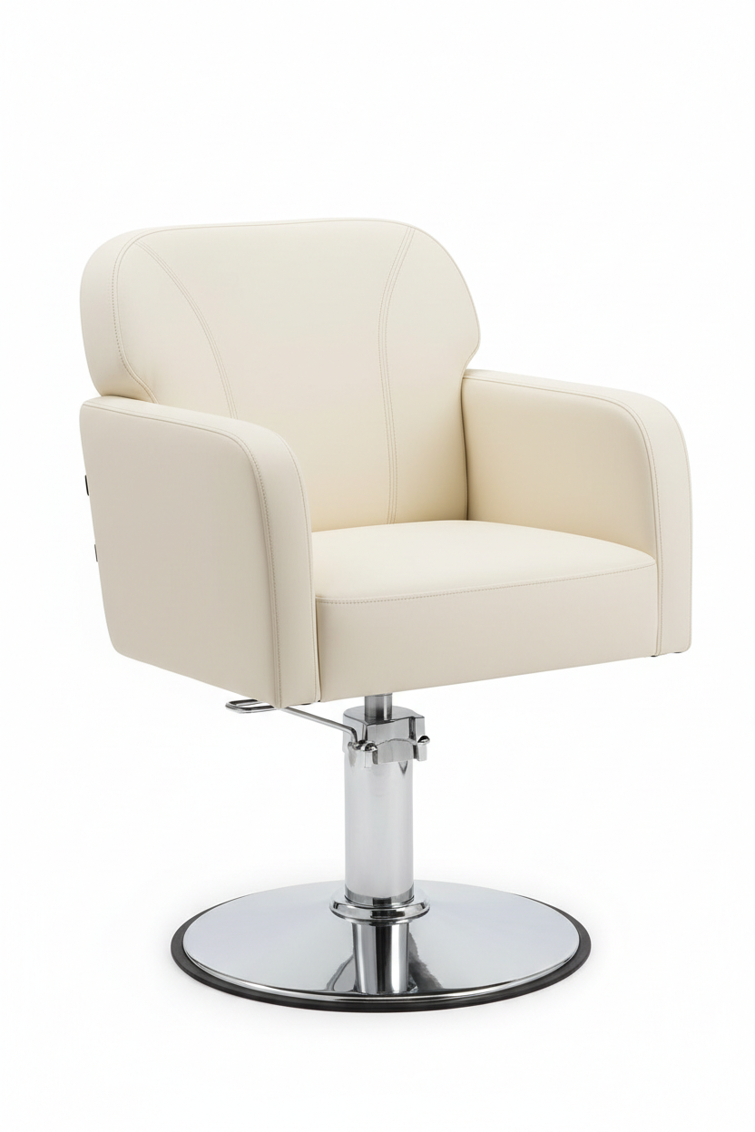 PRIVÉ Customer Chair in ivory colorway three-quarter front angle showing padded armrests, chrome base, and lumbar curve on white background