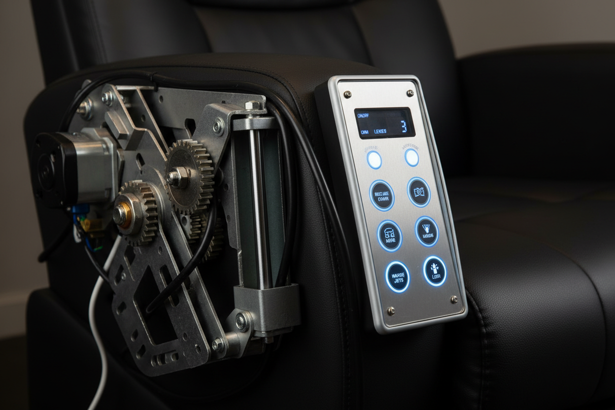 Close-up of ELITE 4-way power chair adjustment mechanism and backlit DCS digital control panel interface