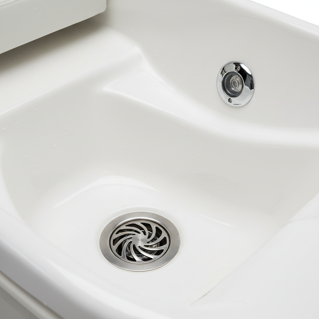 Close-up of Therma-Jet basin interior showing Auto-Fill water sensor assembly and ECOJET pipeless impeller port