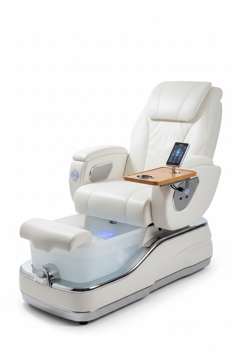 PRIVÉ ONE pedicure chair in pearl white front three-quarter angle showing DCS touchpad, foldable trays with cup and phone holders