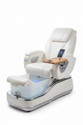 PRIVÉ ONE pedicure chair in pearl white front three-quarter angle showing DCS touchpad, foldable trays with cup and phone holders