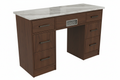 PRIVÉ manicure nail table in dark walnut colorway three-quarter front view showing Moonstone marble top, closed drawers, and ventilation slot on white background