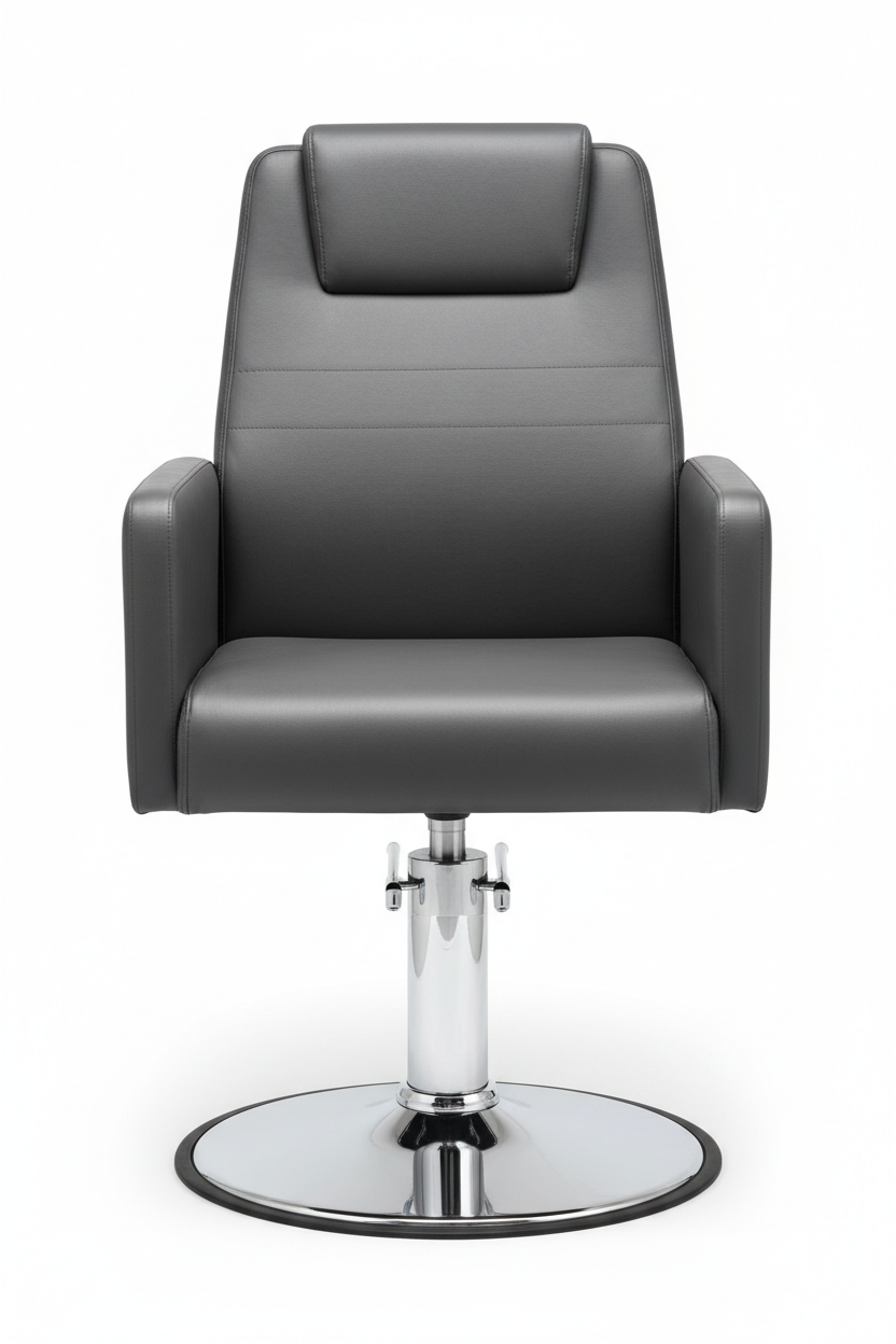 PRIVÉ Stationary Customer Chair front view showing wide seat, leatherette upholstery, and weighted non-swivel chrome pedestal base on white background