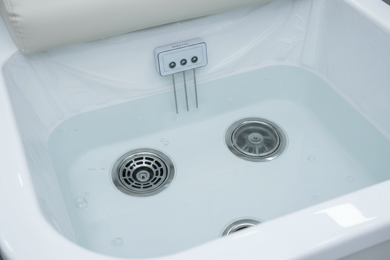 Close-up of PRIVÉ Lounge basin showing DUAL-JET and ECOJET ports, THERMA-JET heat retention liner, and AUTO-FILL sensor array at waterline