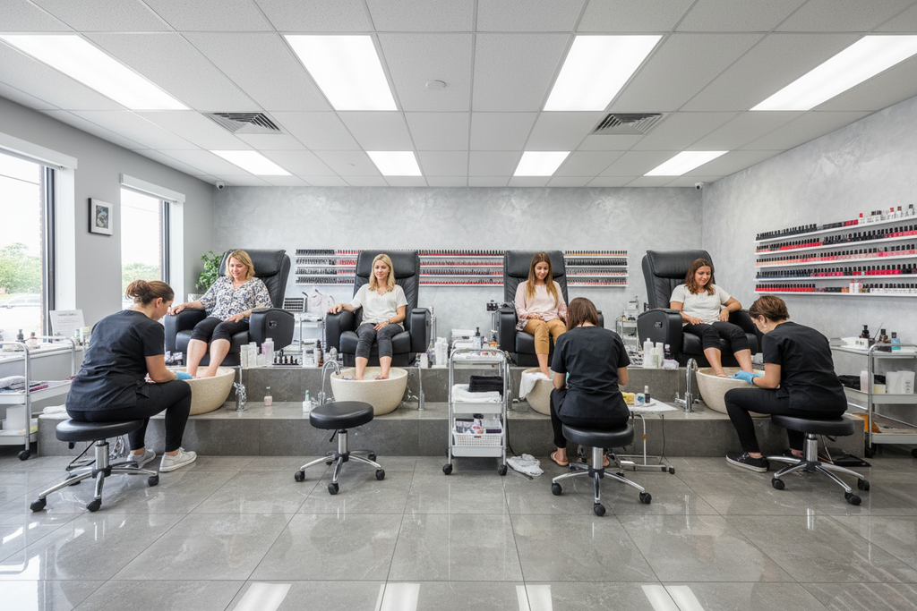 All four ELITE pedicure stations occupied simultaneously in a busy commercial nail salon with technicians at work