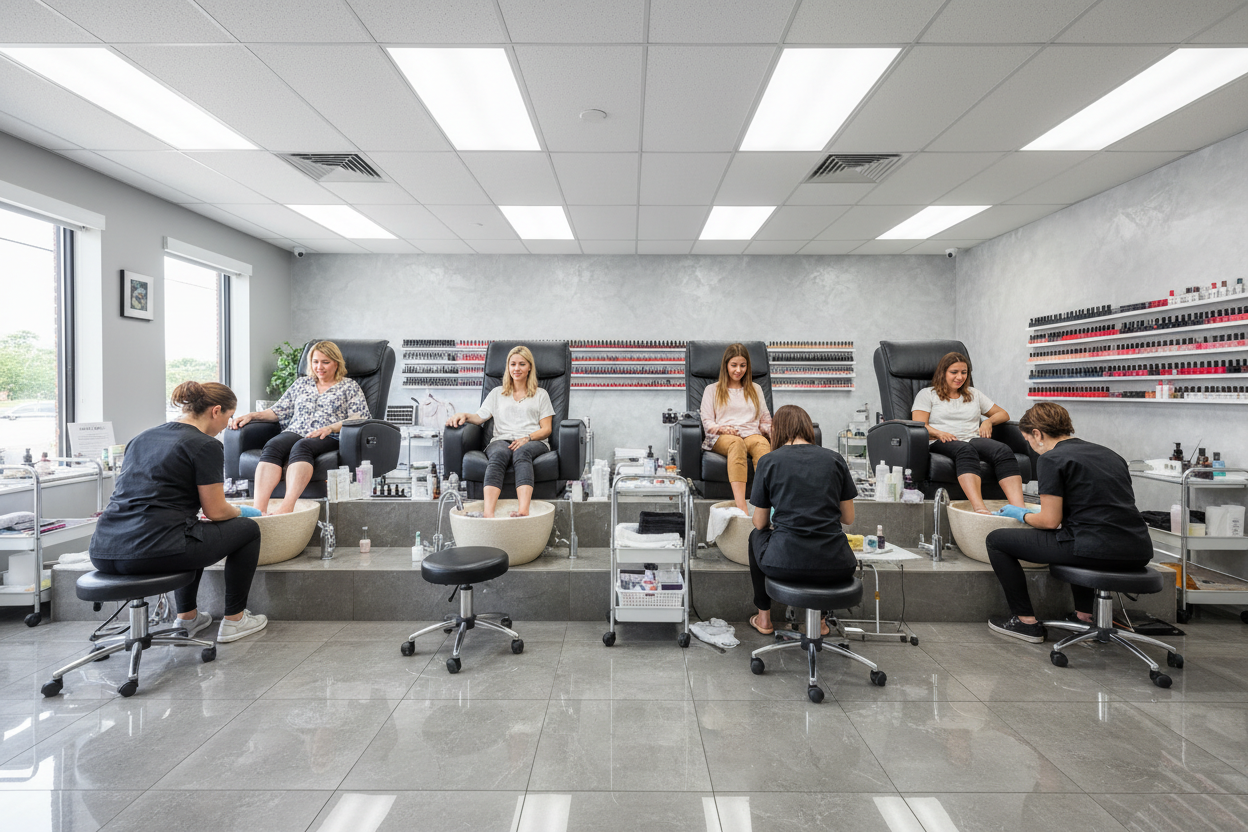All four ELITE pedicure stations occupied simultaneously in a busy commercial nail salon with technicians at work