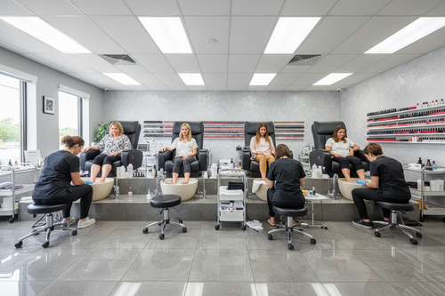All four ELITE pedicure stations occupied simultaneously in a busy commercial nail salon with technicians at work