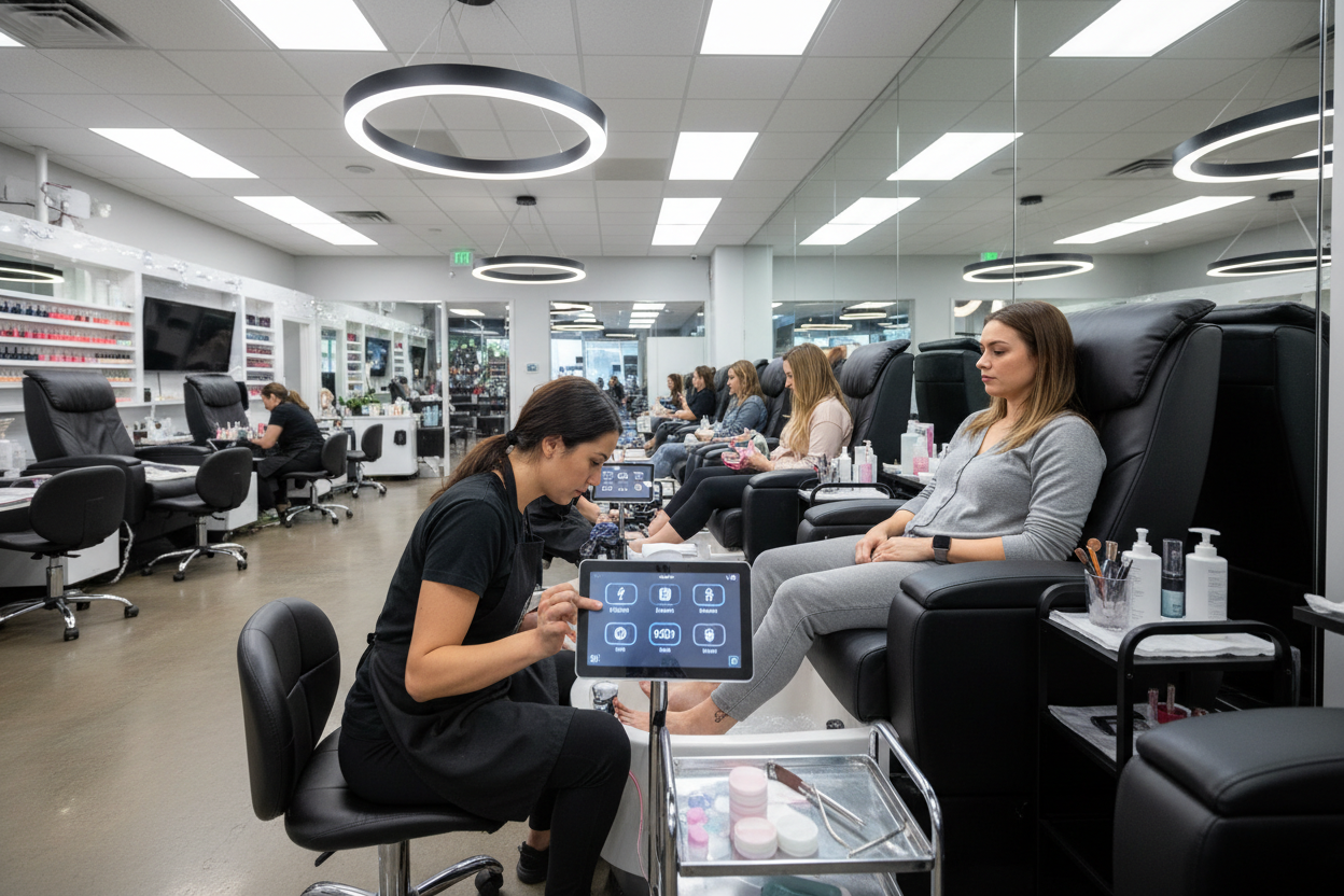 Client in ELITE pedicure chair in a busy commercial nail salon with technician using DCS touchpad
