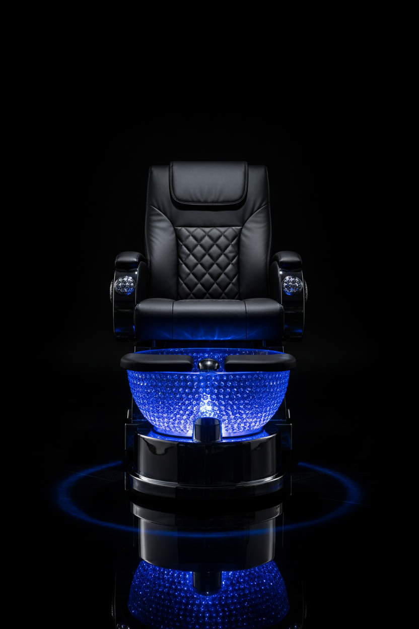 MYSTIQUE pedicure chair with crystal-embellished AURORA bowl illuminated in deep blue against black background, chrome base reflecting glow