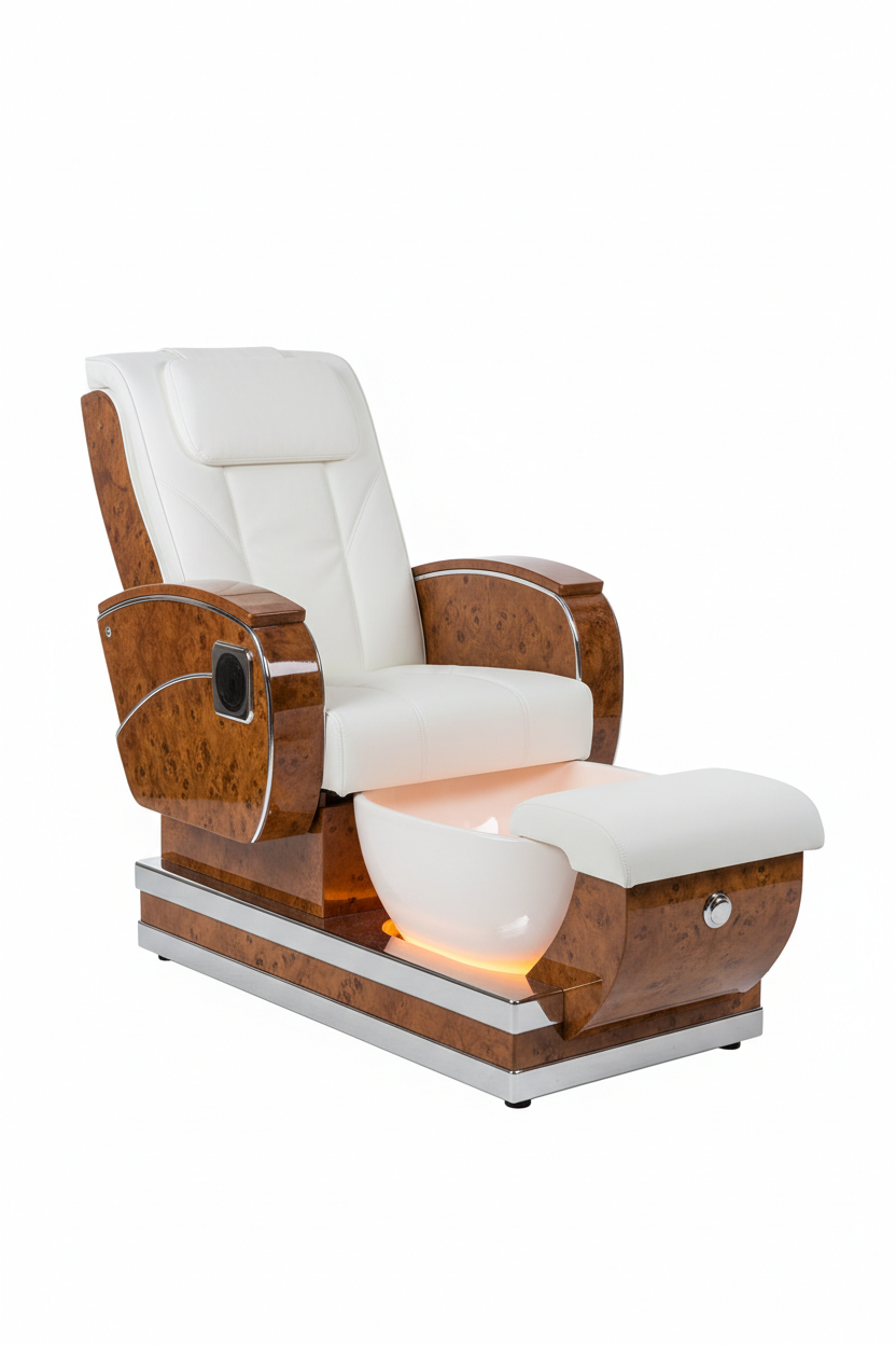 LIBERTÉ pedicure chair in white colorway with AURORA LED bowl glowing warm amber, burlwood and chrome accents visible