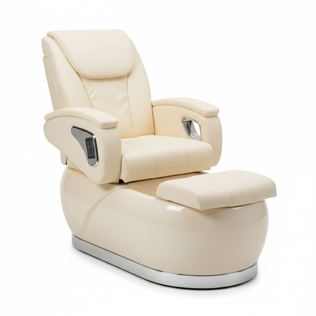 PRIVÉ Lounge Pedicure Chair in Ivory — front 3/4 studio shot showing dome bowl, footrest, armrests, and Digital Control System touchpad
