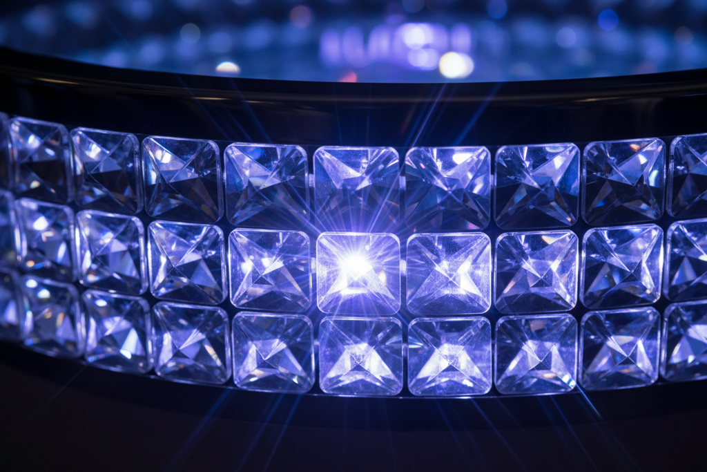 Close-up of MYSTIQUE crystal bowl embellishment showing individual crystal facets, chrome bowl rim, and AURORA LED color-changing diffusion pattern