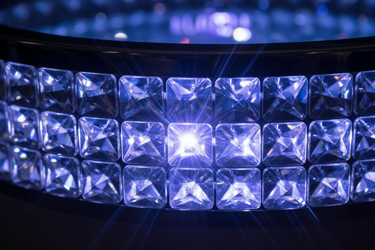 Close-up of MYSTIQUE crystal bowl embellishment showing individual crystal facets, chrome bowl rim, and AURORA LED color-changing diffusion pattern