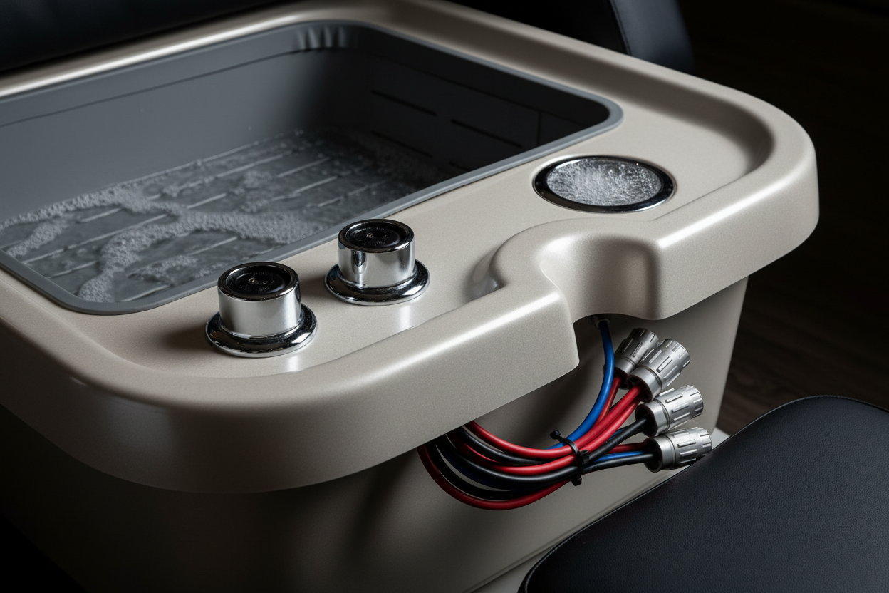 Close-up of PRIVÉ Lounge DUAL-JET and THERMA-JET basin with heated seat wiring harness at chair base seam showing premium engineering density