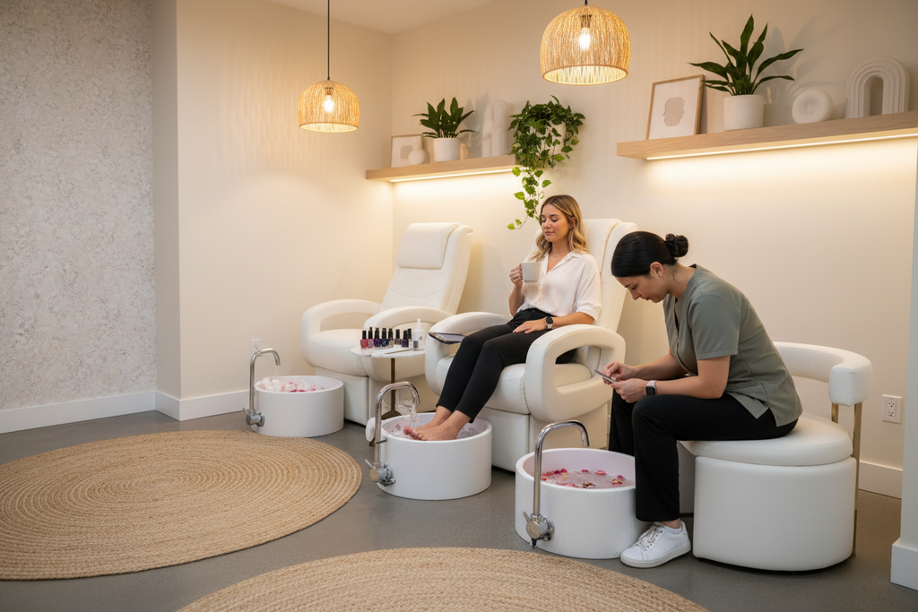 Client receiving pedicure in PRIVÉ ONE chair in boutique salon with technician on PRIVÉ pedicure stool at basin