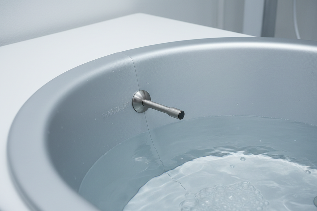 Close-up of PRIVÉ ONE THERMA-JET basin interior showing heat retention liner and AUTO-FILL sensor probe tip at waterline