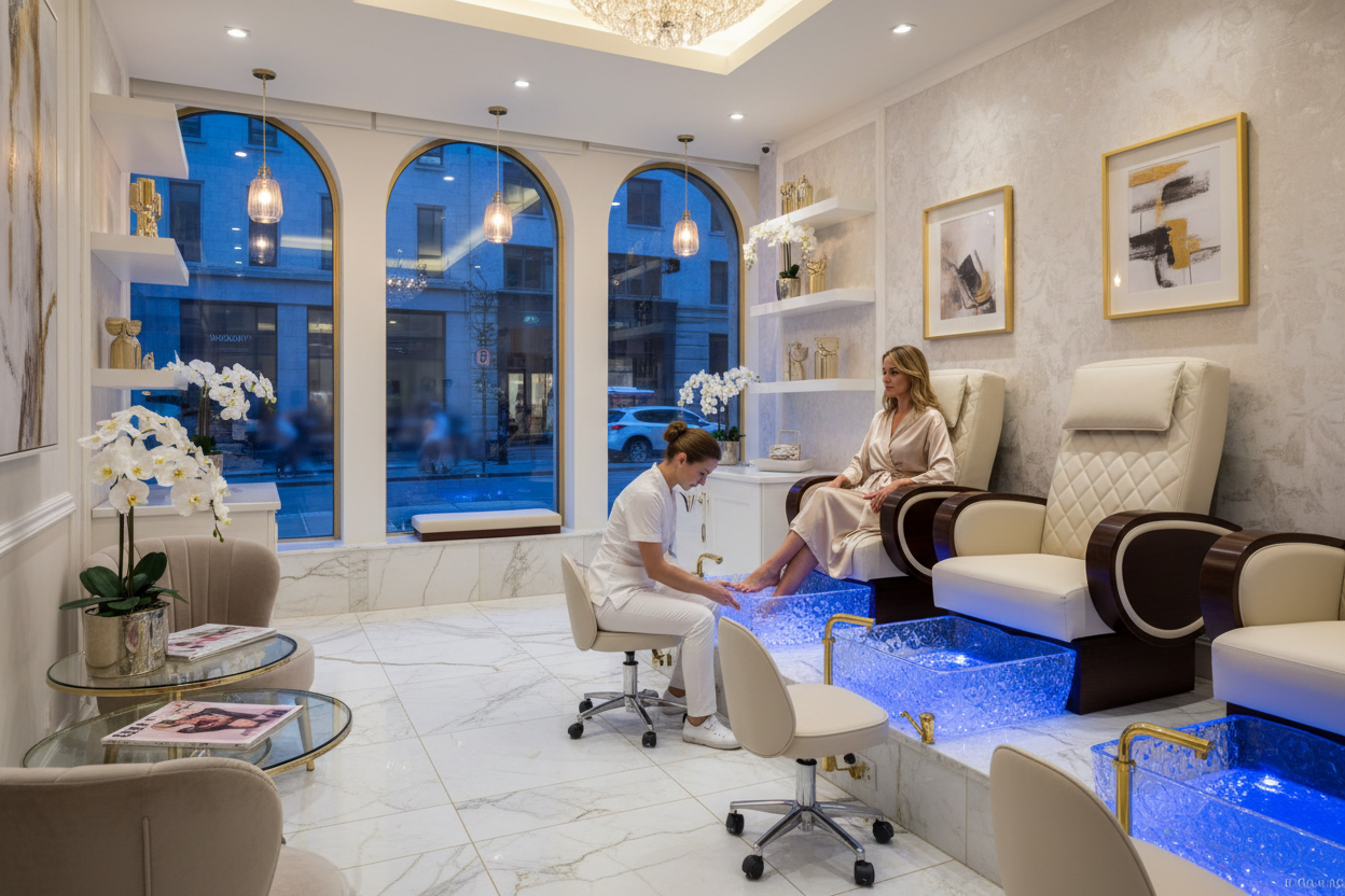 MYSTIQUE pedicure chair as centerpiece of upscale nail boutique with client seated and crystal LED bowl glowing in ambient blue