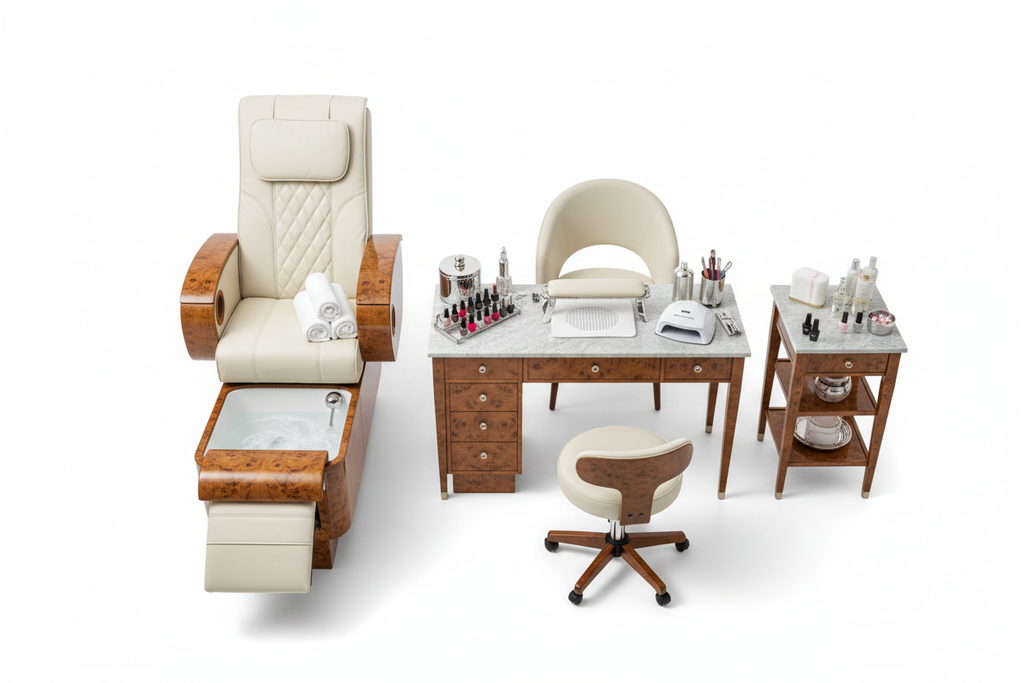 PRIVÉ Lounge pedicure chair beside PRIVÉ nail table, customer chair, and technician stool arranged in salon station configuration on white background