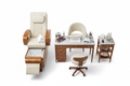 PRIVÉ Lounge pedicure chair beside PRIVÉ nail table, customer chair, and technician stool arranged in salon station configuration on white background