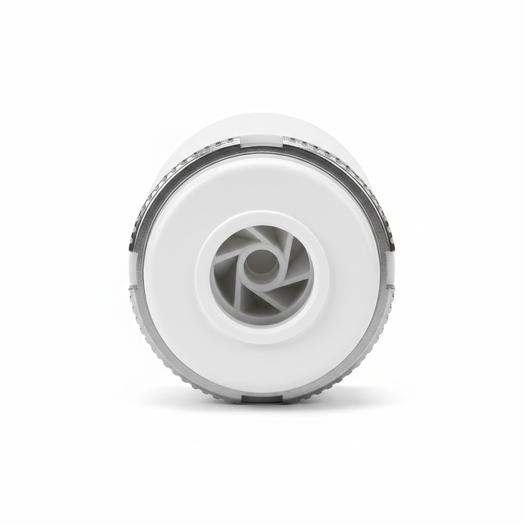 ECOJET pipeless shaft-less whirlpool jet unit showing snap-lock collar and impeller port on white background