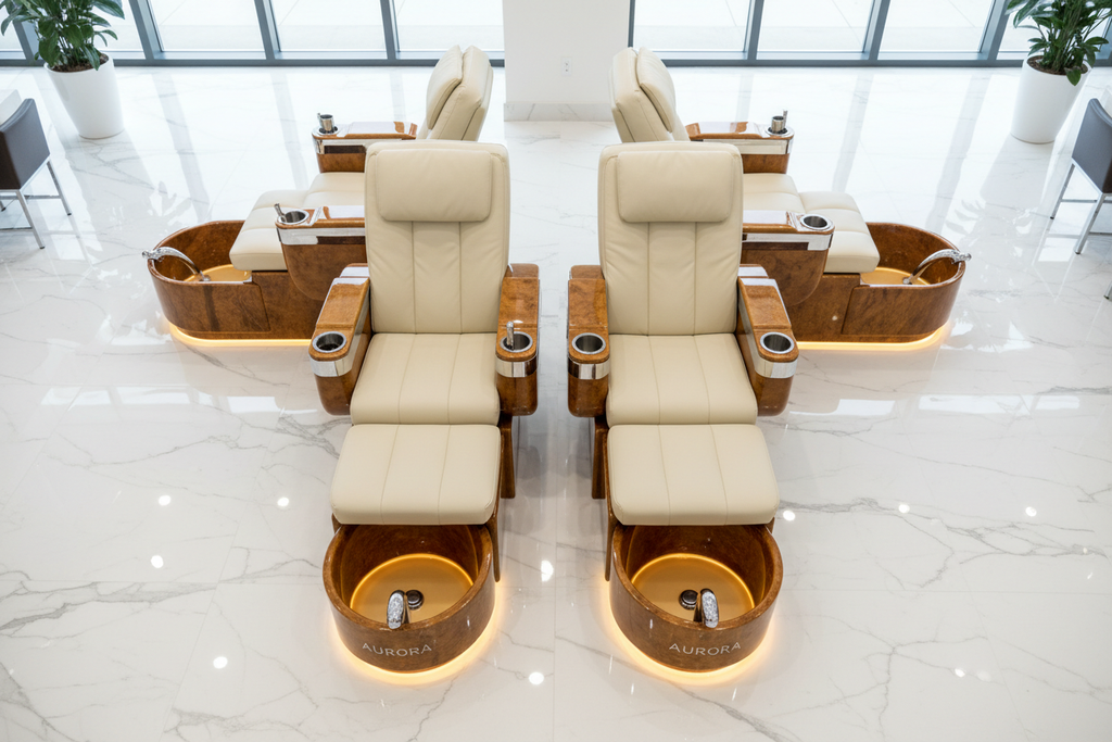 Four PRIVÉ Lounge chairs fully reclined in synchronized position on white marble floor, AURORA bowls glowing warm gold, overhead 45-degree view