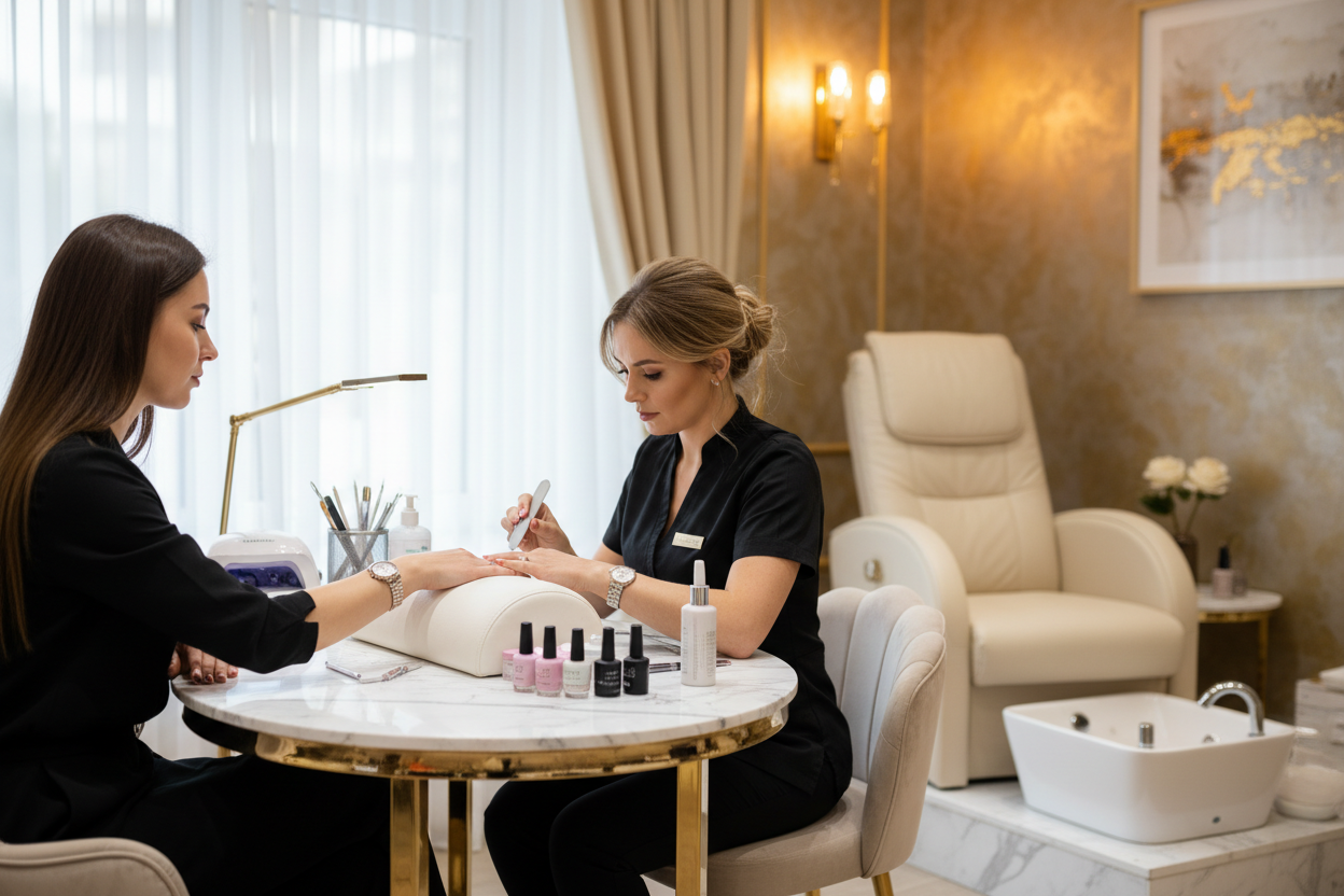 Nail technician on manicure stool with client's hand on PRIVÉ marble table surface with tools laid out, PRIVÉ Lounge chair visible in background