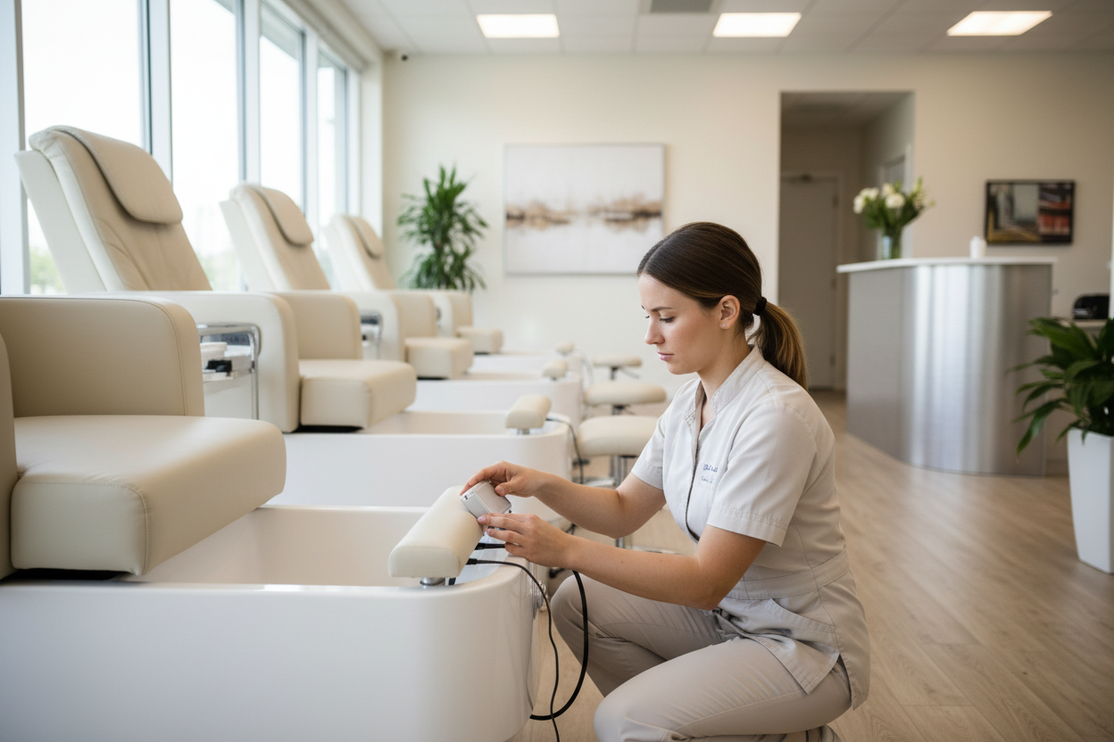 Nail salon technician plugging AUTO-FILL replacement sensor module into pedicure chair basin control housing
