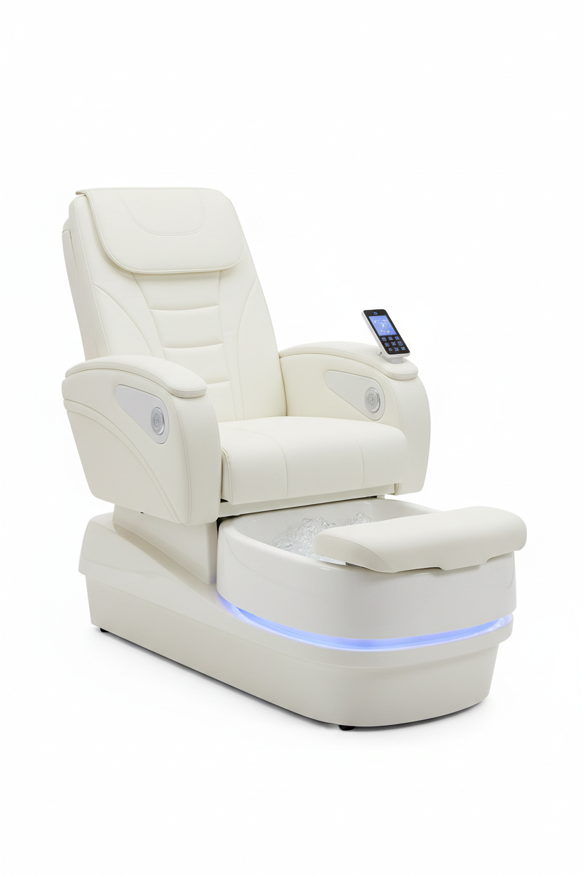 INFINITY pedicure chair in ivory colorway studio shot showing DCS touchpad, footrest, and basin at front three-quarter angle