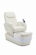 INFINITY pedicure chair in ivory colorway studio shot showing DCS touchpad, footrest, and basin at front three-quarter angle