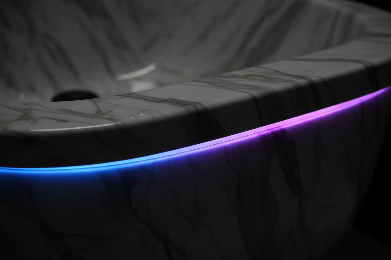 Close-up of AURORA LED bowl rim showing embedded LED strip, gel-coated marble composite surface, and color transition effect