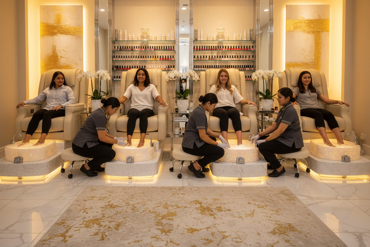 Ultra-luxury nail salon with four PRIVÉ Lounge stations serving clients simultaneously, AURORA bowls casting warm gold light, staff in matching uniforms