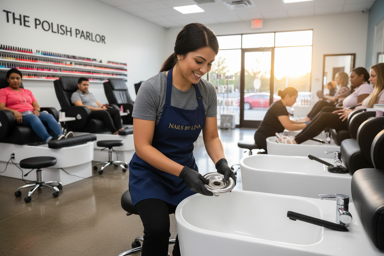 Nail technician removing ECOJET whirlpool jet from pedicure chair basin between clients in a busy salon