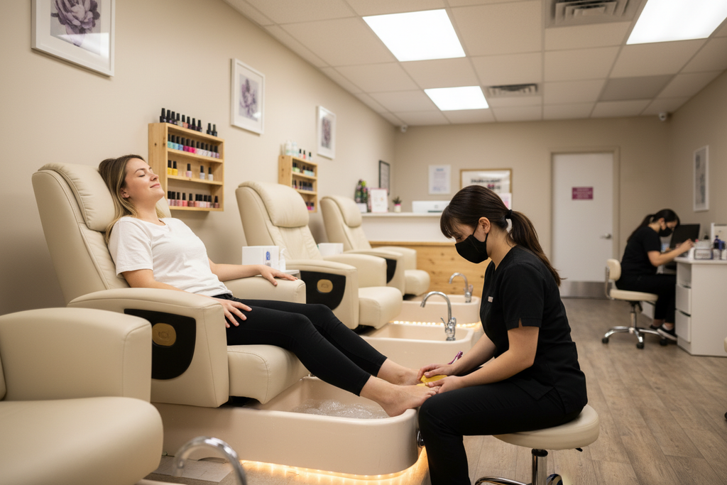 Client relaxing in INFINITY pedicure chair during pedicure service with nail technician at basin in a nail salon