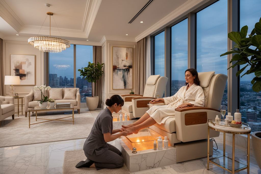 Client fully reclined in PRIVÉ Lounge during deluxe pedicure in a penthouse nail suite with AURORA bowl casting warm amber light