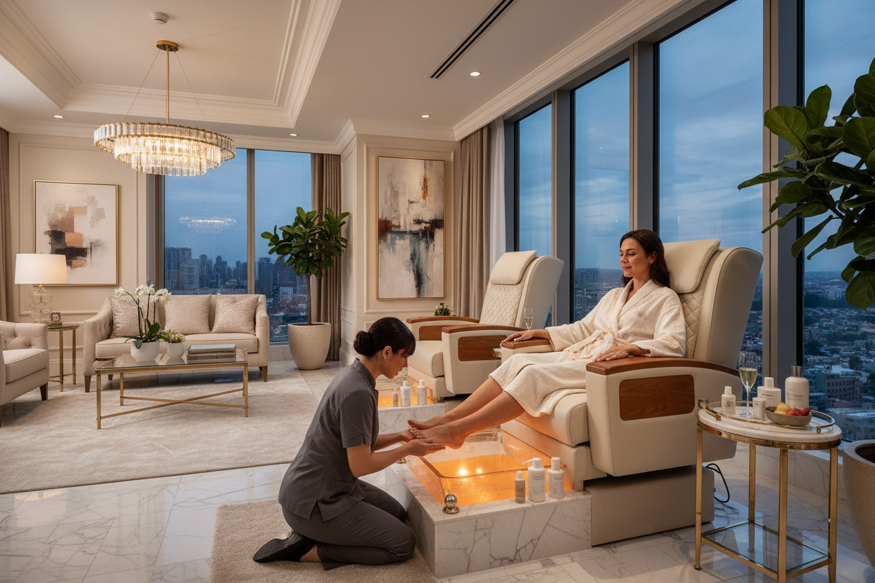 Client fully reclined in PRIVÉ Lounge during deluxe pedicure in a penthouse nail suite with AURORA bowl casting warm amber light